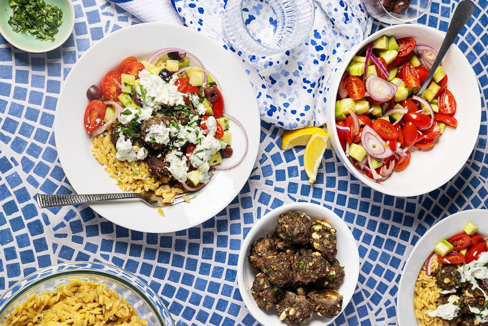 
                Greek-Style Beef Meatballs with Tzatziki and Orzo
              